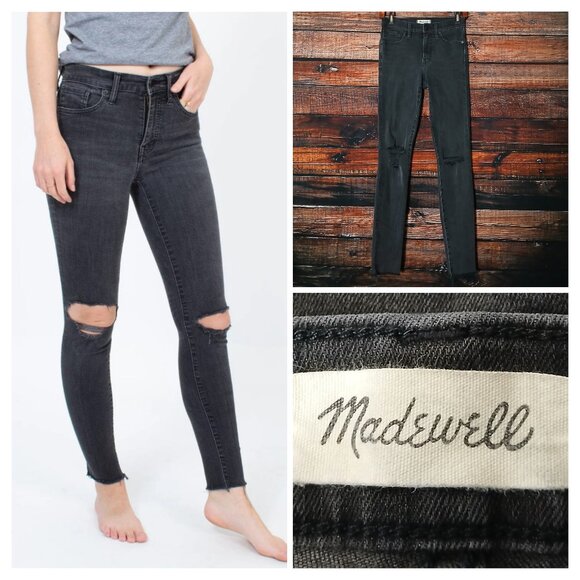 Madewell Jeans 26 Tall Skinny 9" High Rise Raw Hem Distressed Washed Black - Picture 1 of 9